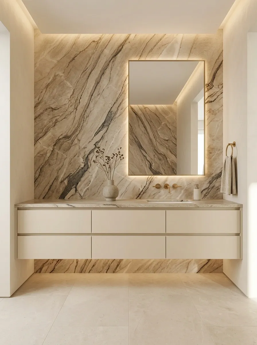 Dramatic Beige Marble Bathroom With Antique Gold Accents