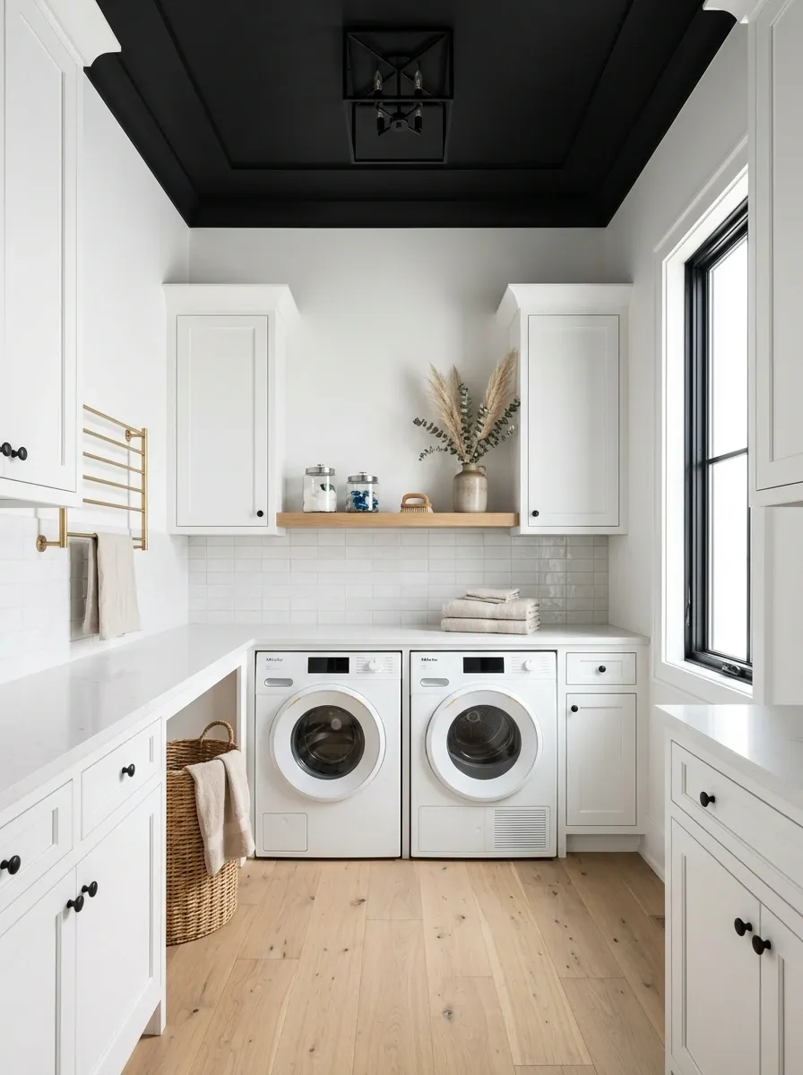 Dramatic Black Ceiling Over an Otherwise White Laundry Room