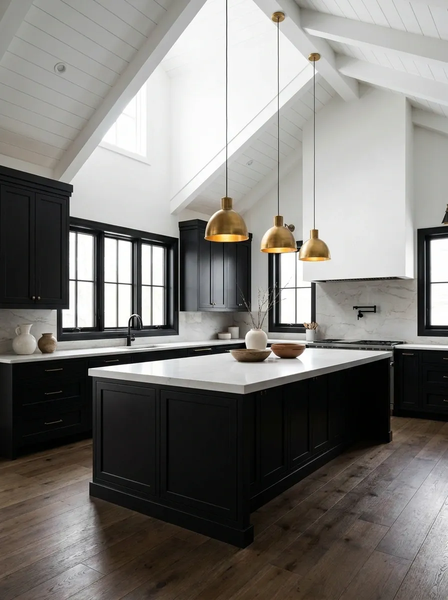 Dramatic Black Kitchen With a Bright White Ceiling