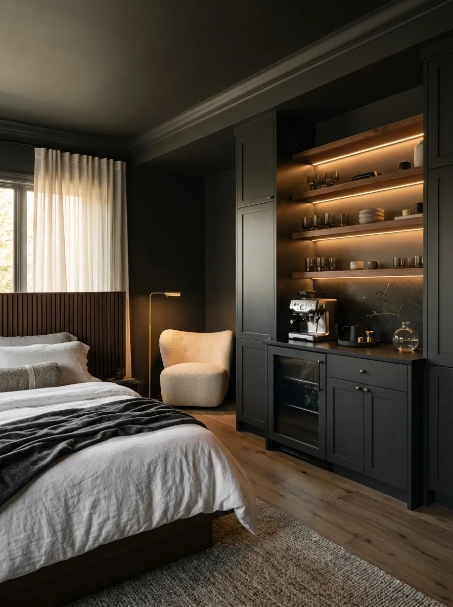 Dramatic Boutique-Hotel Bedroom With a Full Beverage Wall