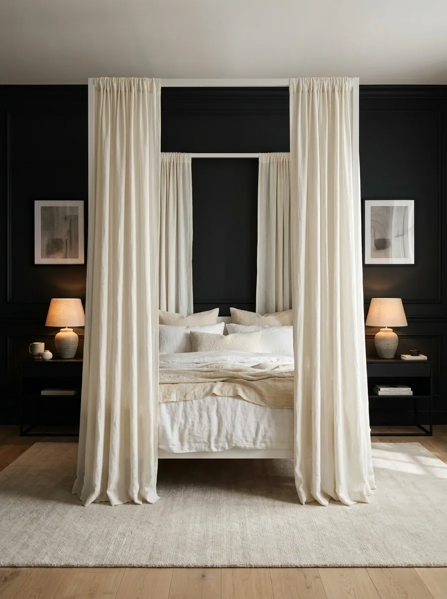 Dramatic Canopy Bedroom With Black Walls and Ivory Curtains