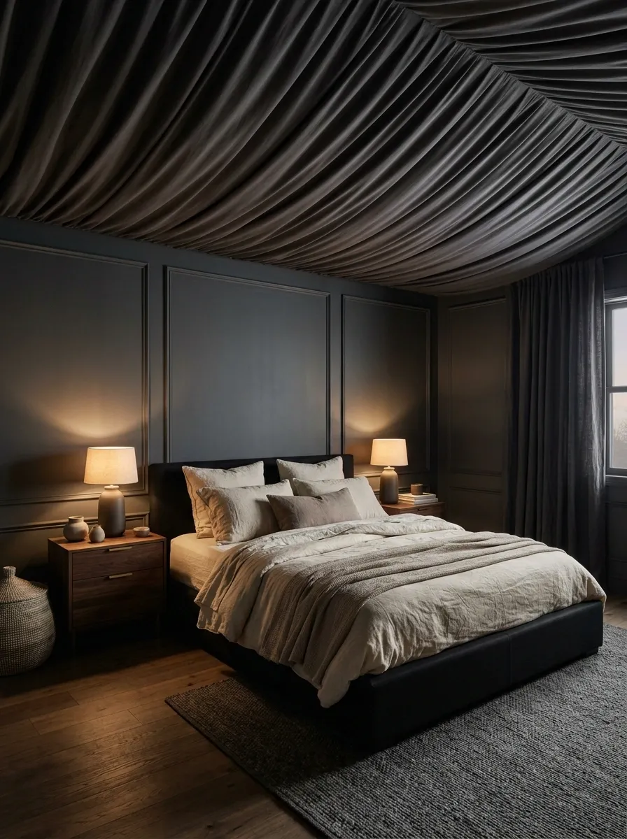 Dramatic Charcoal Bedroom With a Dark Fabric Ceiling