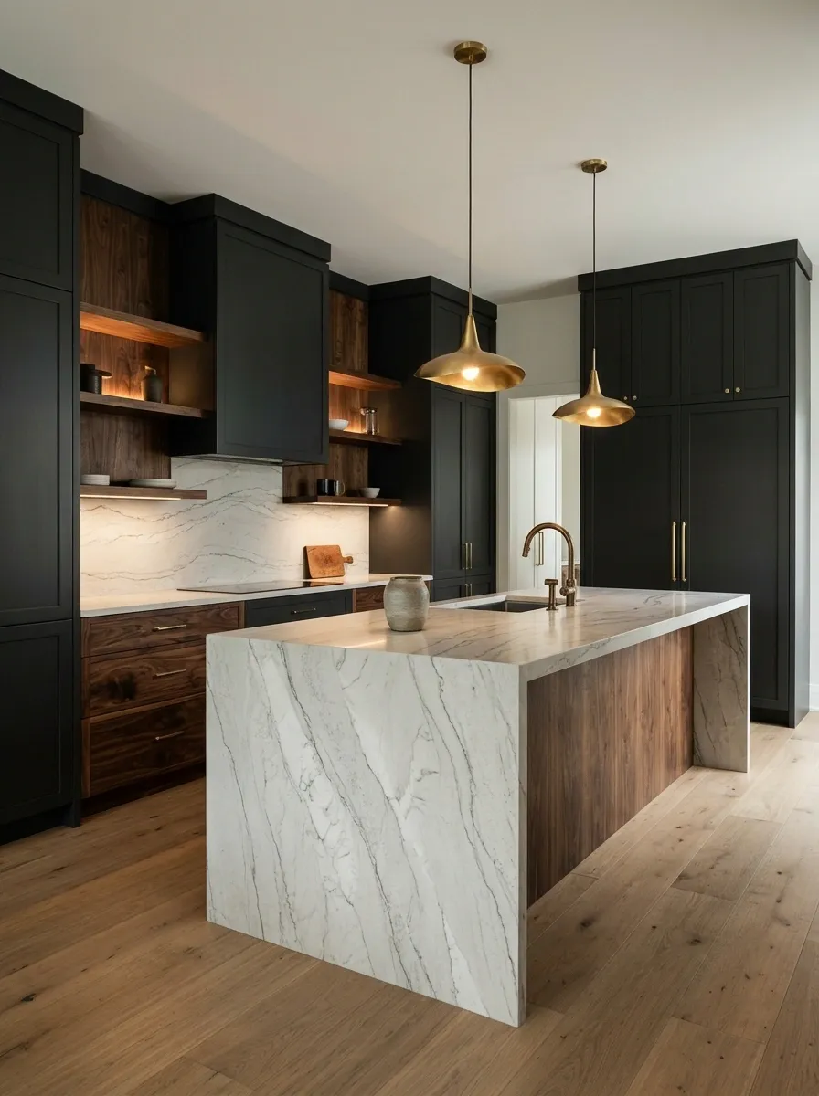 Dramatic Charcoal Kitchen With Walnut and Veined Stone