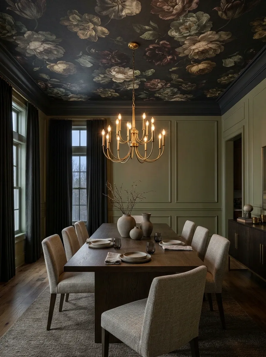 Dramatic Dark Floral Ceiling in an Elegant Dining Room