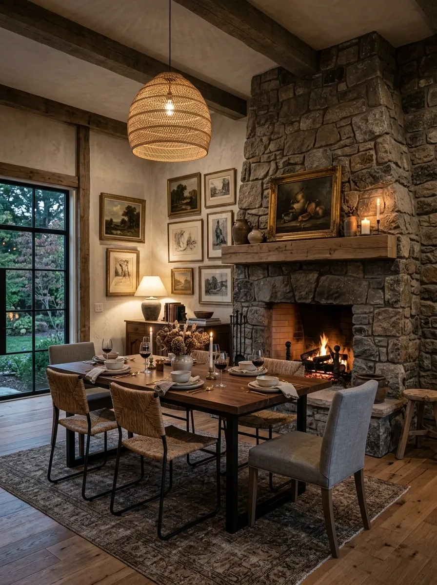 Dramatic Eclectic Dining Room With Stone Fireplace and Modern Furniture