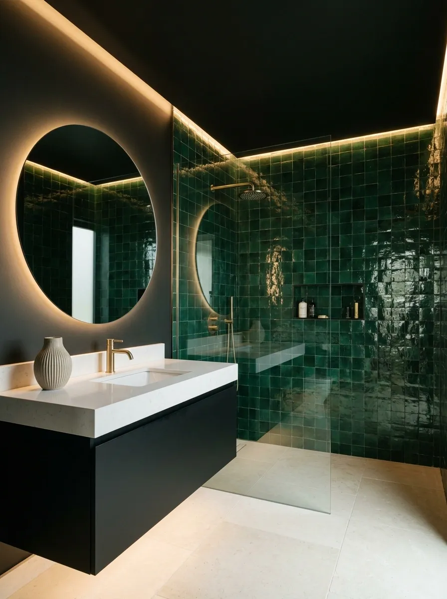 Dramatic Emerald Bathroom With Black Ceiling