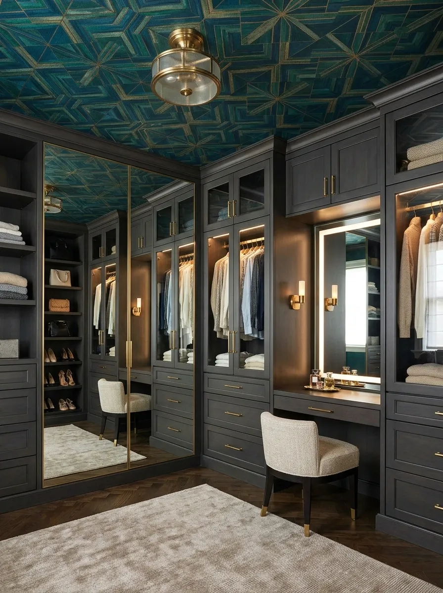 Dramatic Jewel-Pattern Ceiling in a Boutique-Style Dressing Room