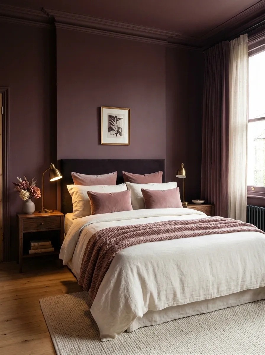 Dramatic Plum and Pink Bedroom With Cream Bedding