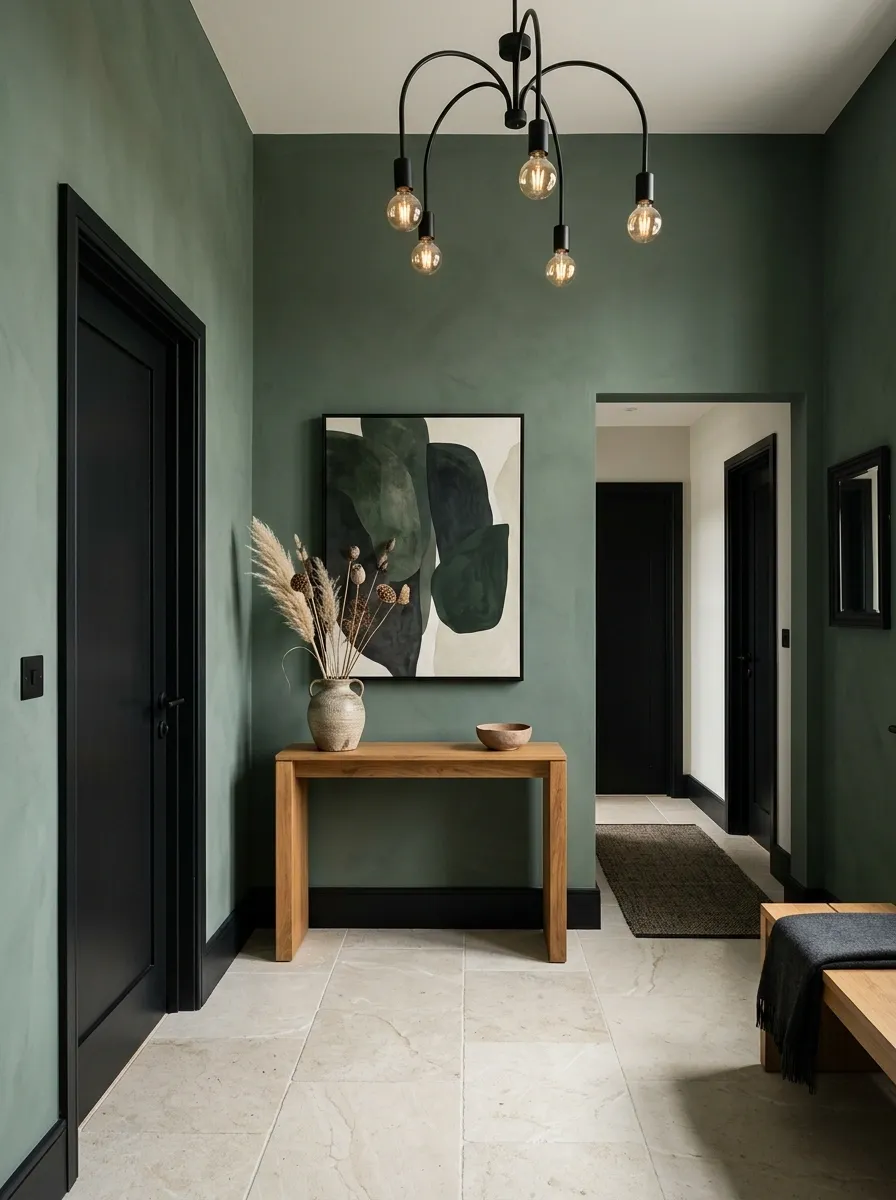 Dramatic Sage Entry With Stone, Black Doors, and Pendant Lighting