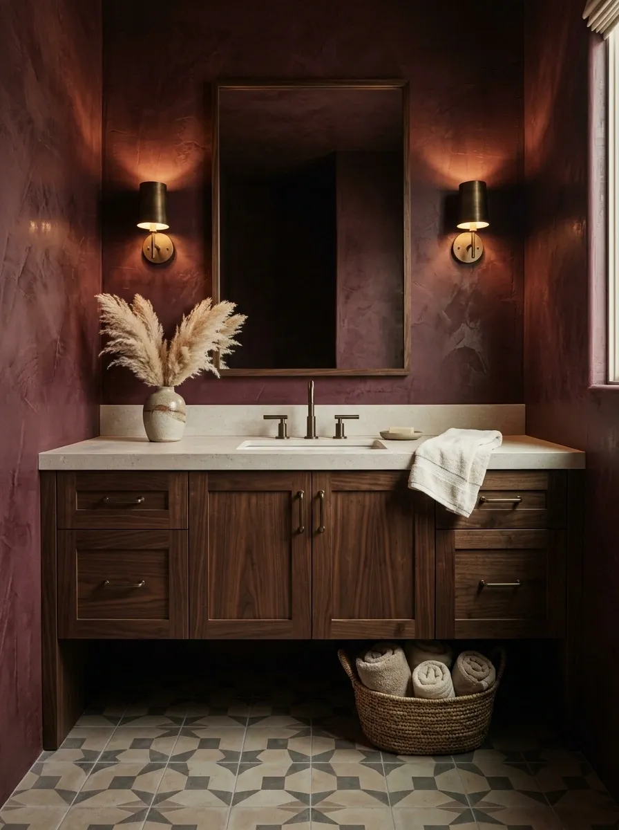 Dramatic Southwestern Bathroom With Wine-Red Walls