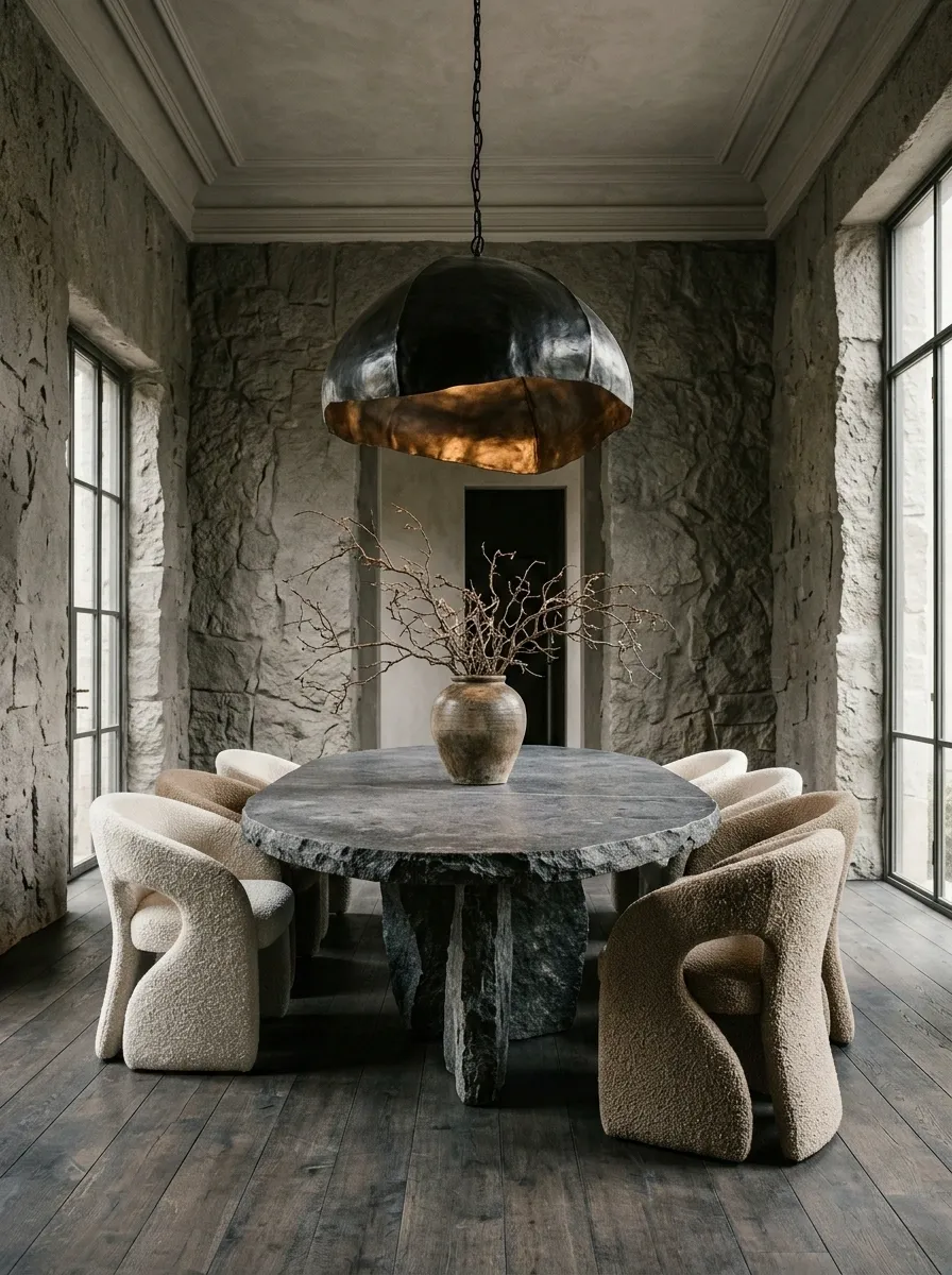 Dramatic Stone Dining Room With an Oversized Oval Table