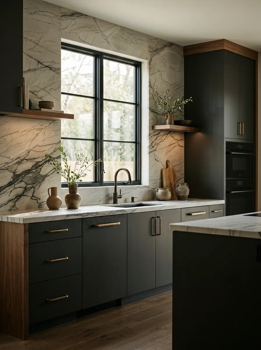 Dramatic Stone Kitchen With a Dark-Framed Window
