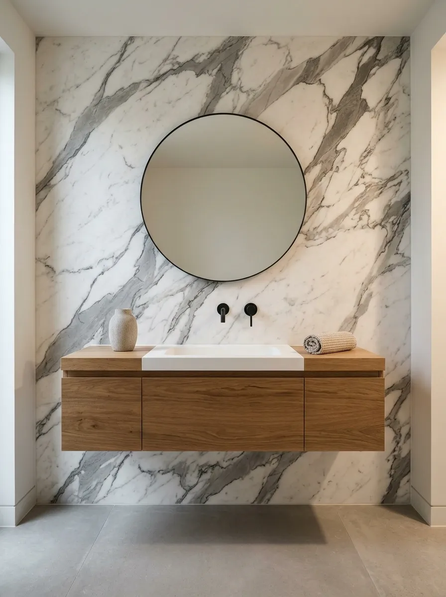 Dramatic Veined Marble Wall With an Integrated Basin