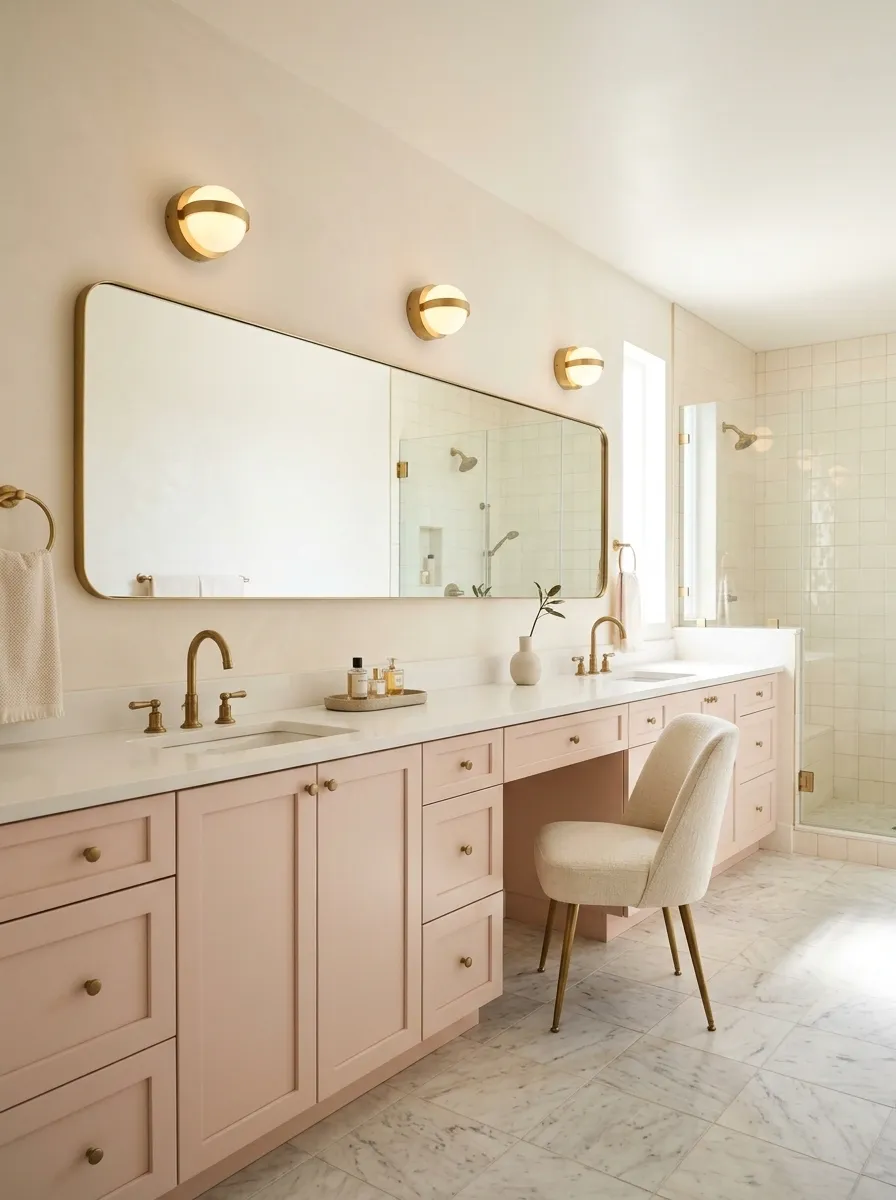 Dressing Bathroom With a Seated Vanity Beside the Basin