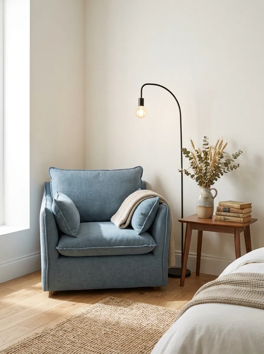 Dusty Blue Armchair in a Small Bedroom Corner