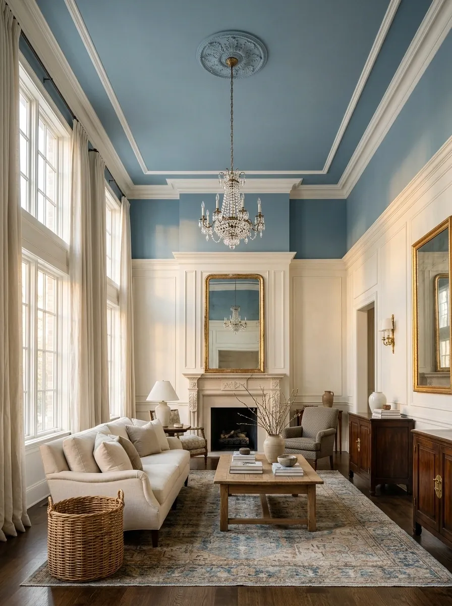 Dusty Blue Ceiling Framed by White Crown Molding