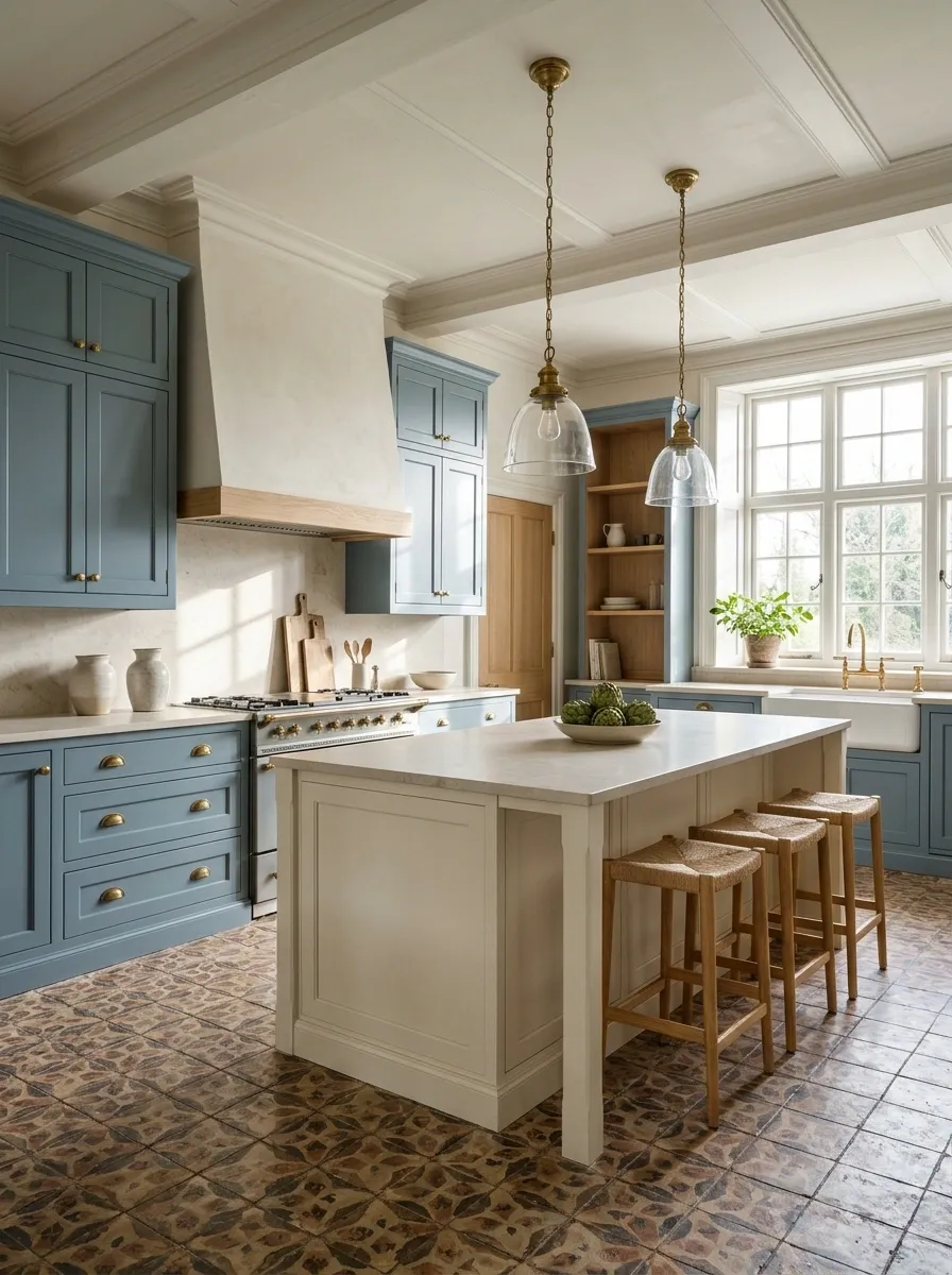 Dusty Blue Shaker Cabinets With a Cream Island