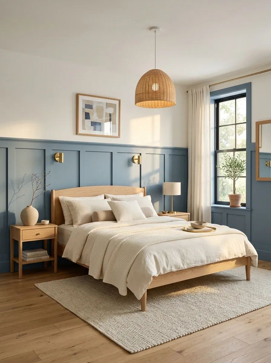 Dusty Blue Wainscoting With Light Oak Architecture