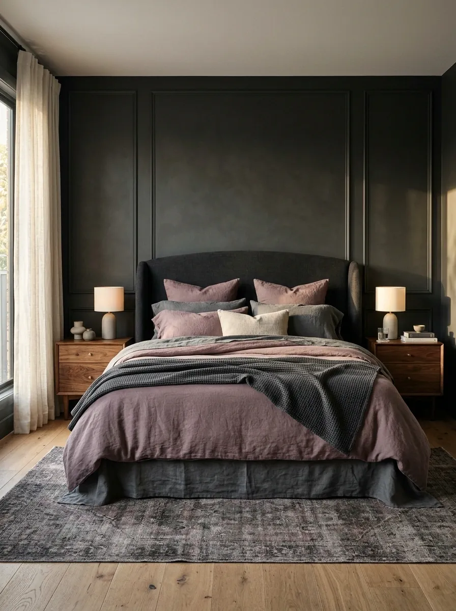 Dusty Mauve Bedding With Charcoal and Walnut