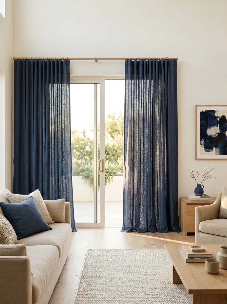 Dusty Navy Curtains Against Light Oak and Warm White