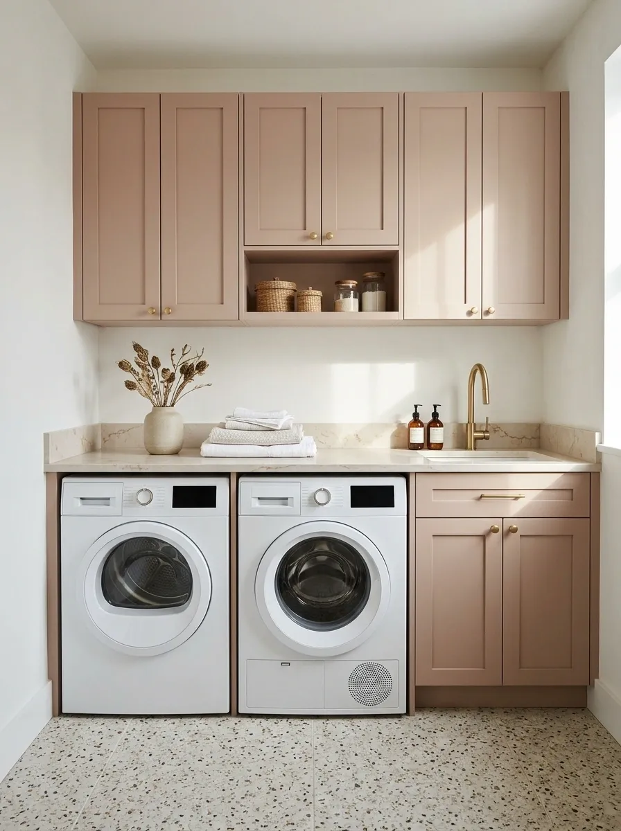 Dusty Pink Laundry Cabinets With a Terrazzo Floor