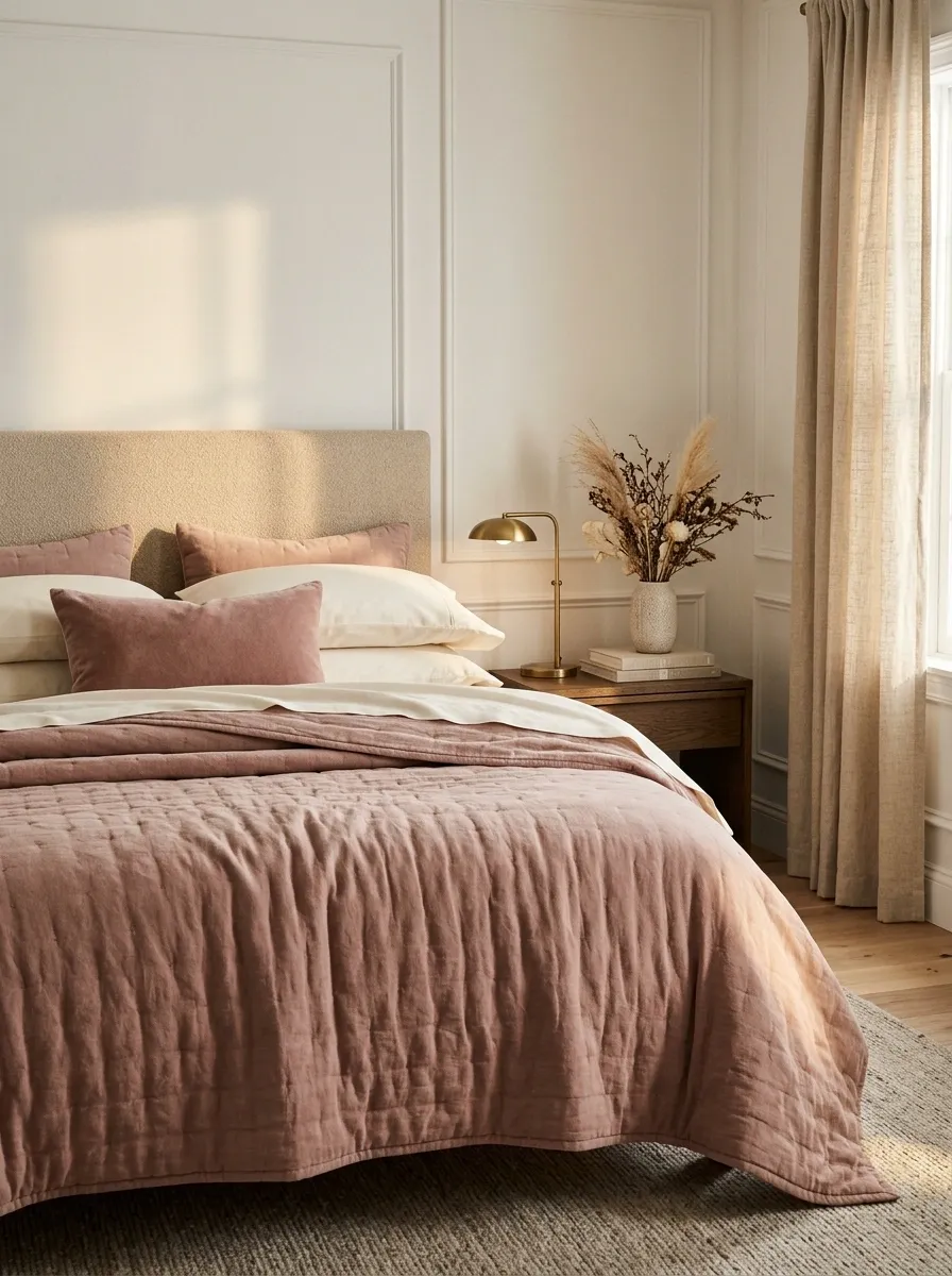 Dusty Rose Quilted Bedding With Rich Tactile Layers