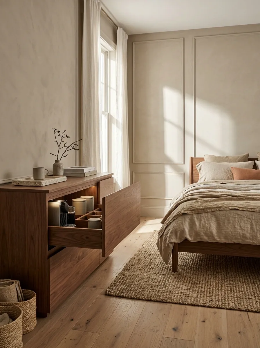 Earth-Toned Organic Bedroom With a Hidden Coffee Drawer