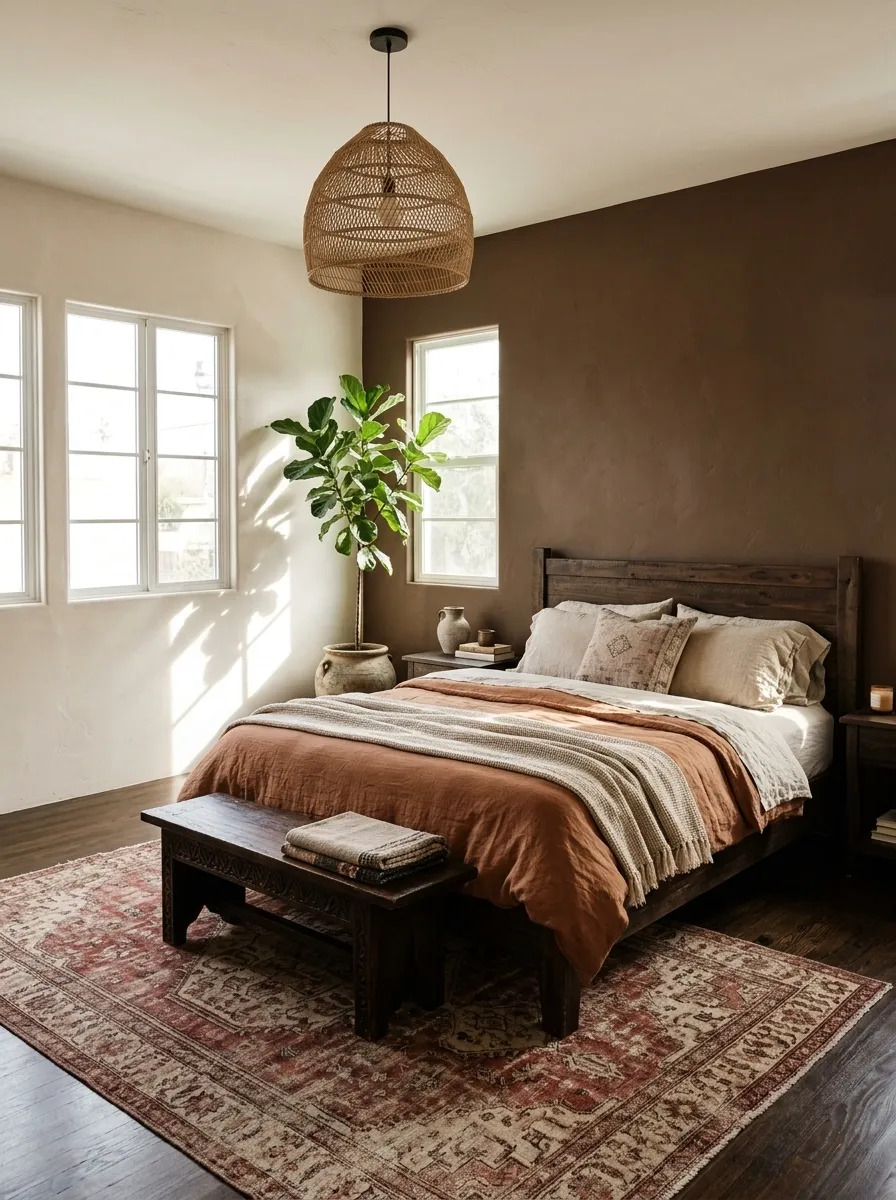 Earthy Bohemian Bedroom With Chocolate Brown and Terracotta