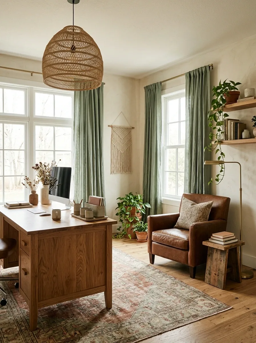 Earthy Boho Office With a Leather Reading Chair