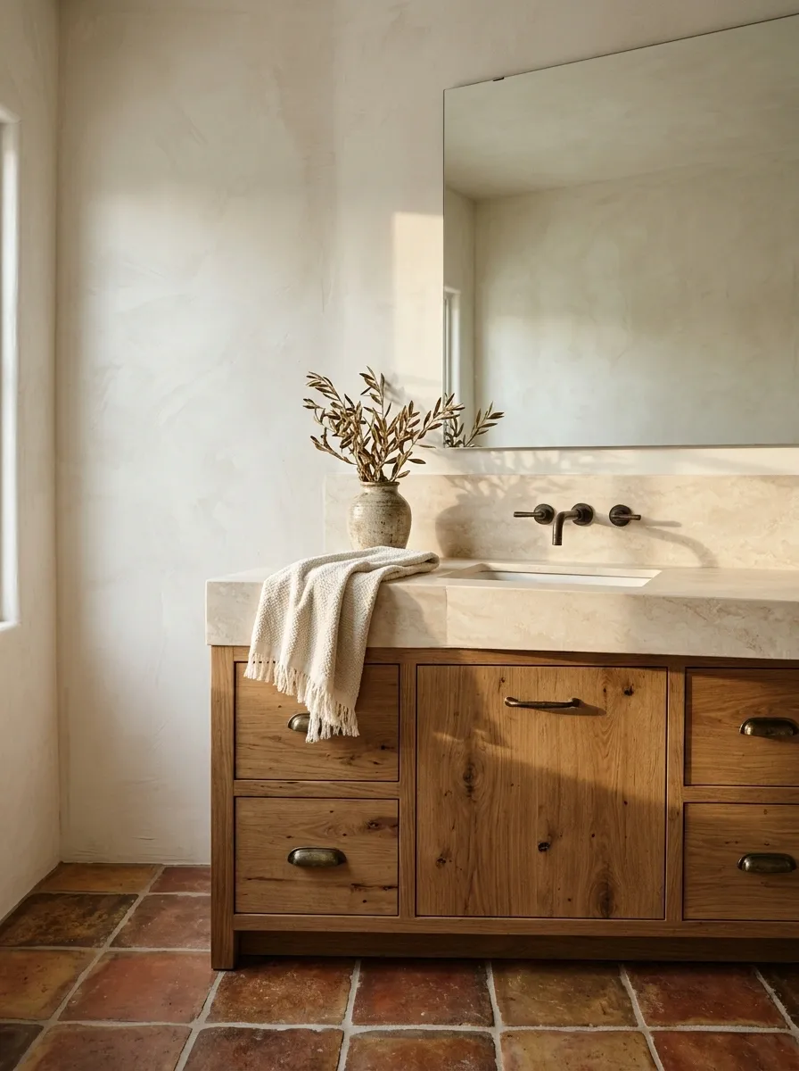 Earthy Farmhouse Bathroom With Terracotta Floors and Limewash Walls