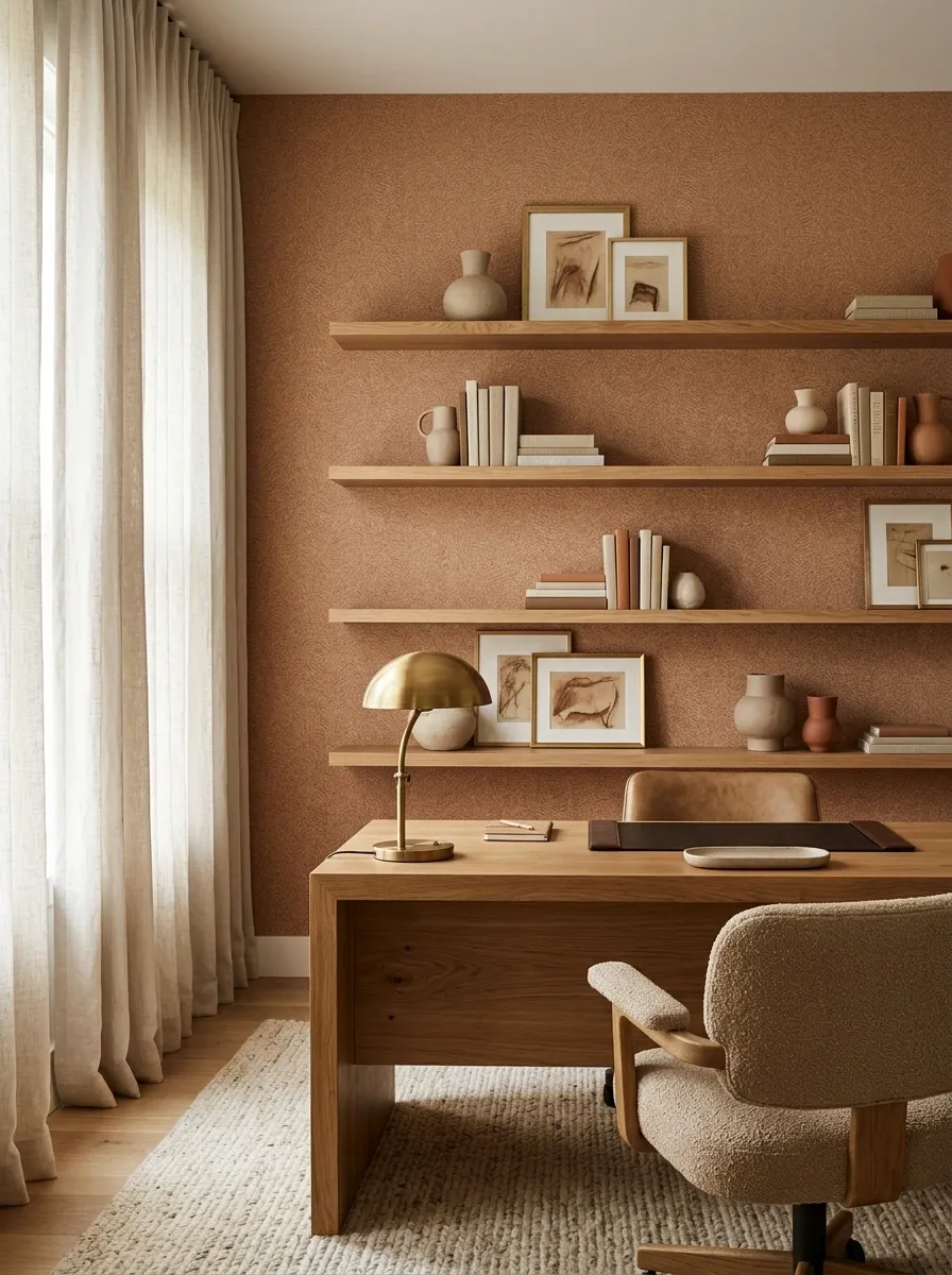 Earthy Home Office With Clay-Toned Wallpaper Behind Floating Shelves