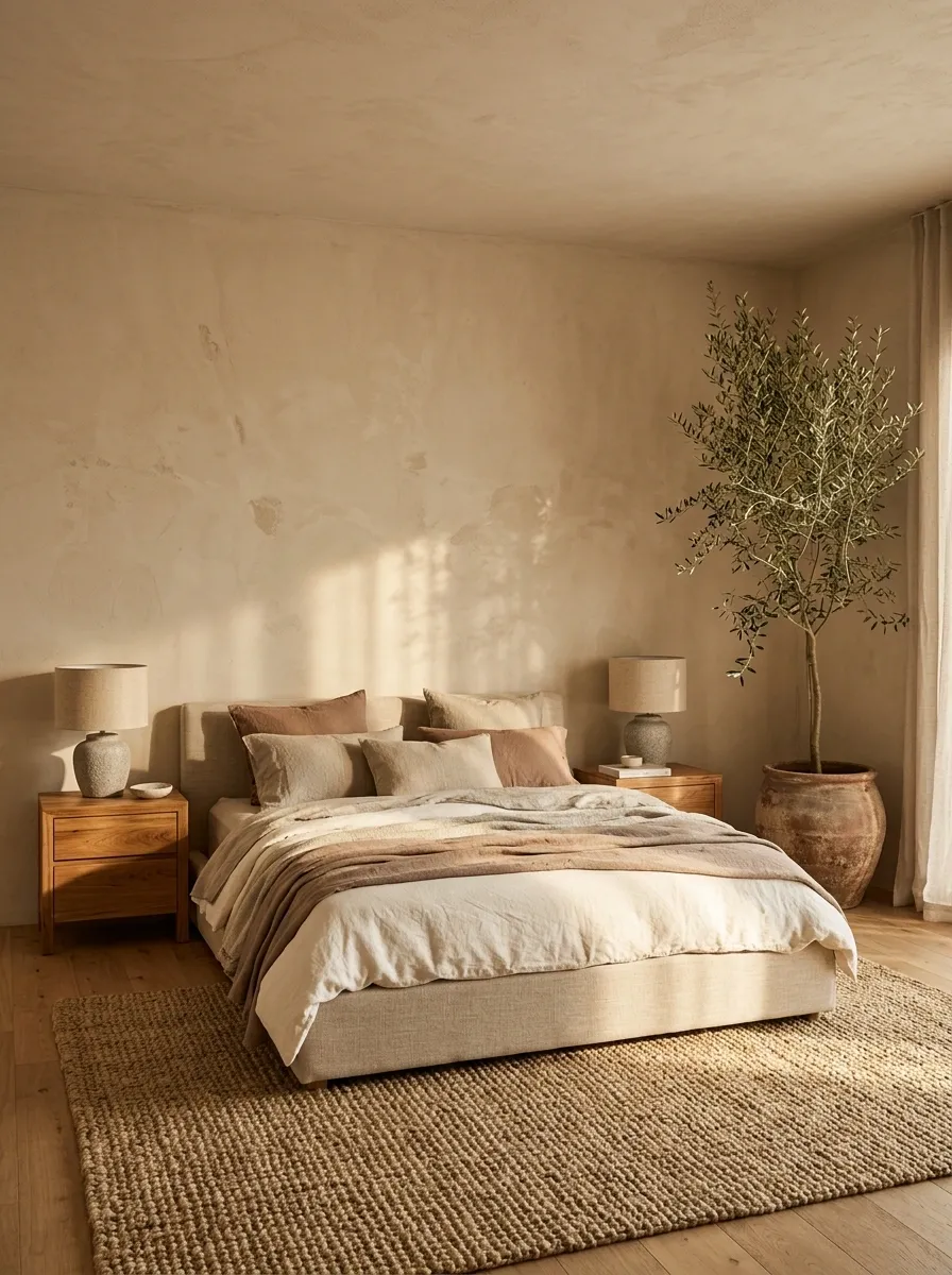 Earthy Organic Bedroom With a Large Olive Tree and Textured Walls