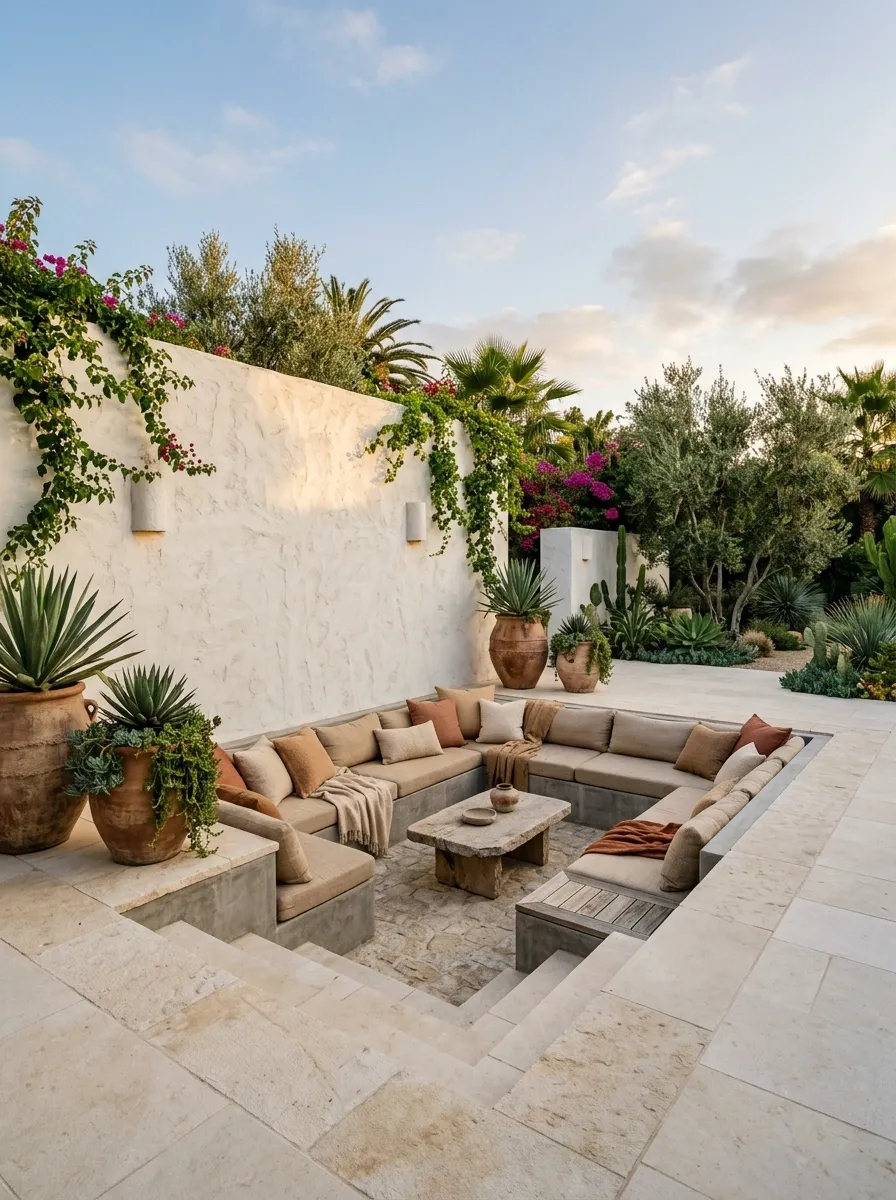 Earthy Stone and Stucco Backyard With a Sunken Lounge