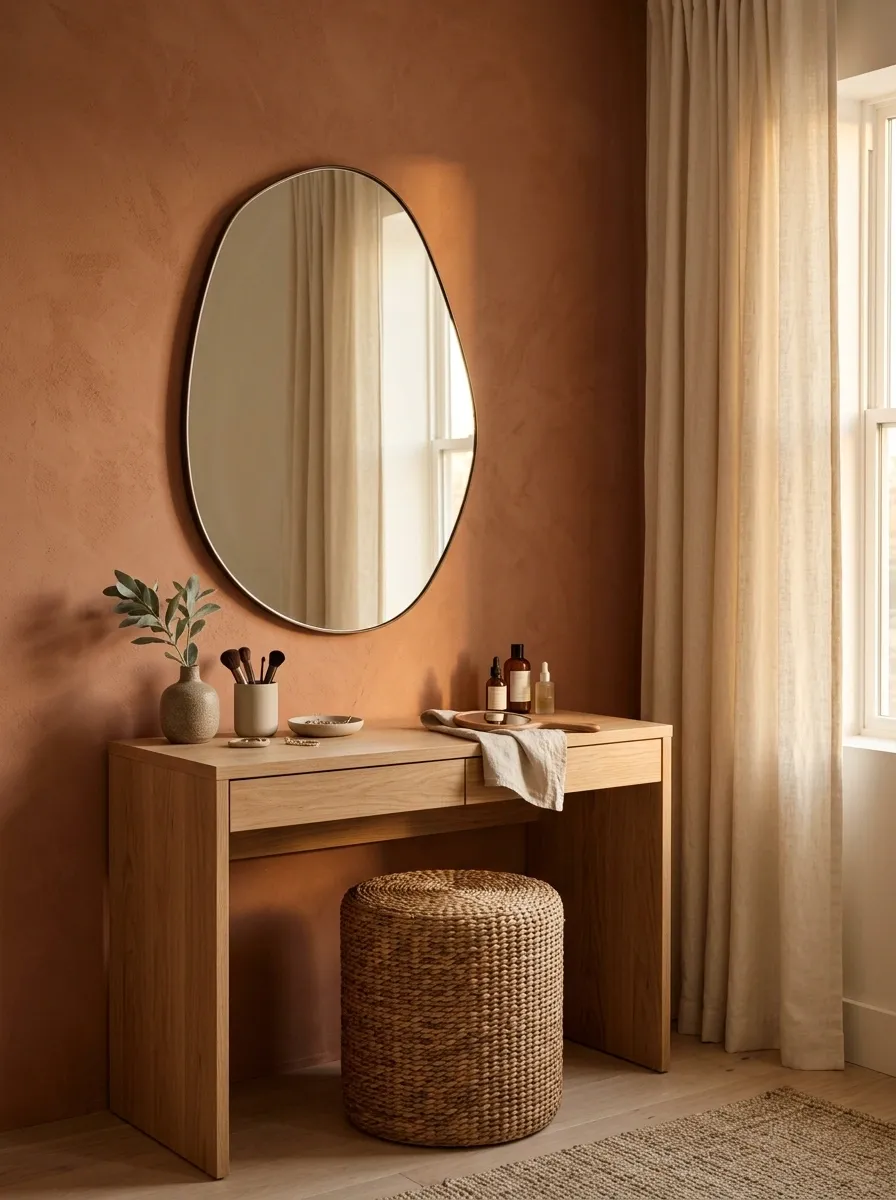 Earthy Vanity With Terracotta Wall and Natural Oak