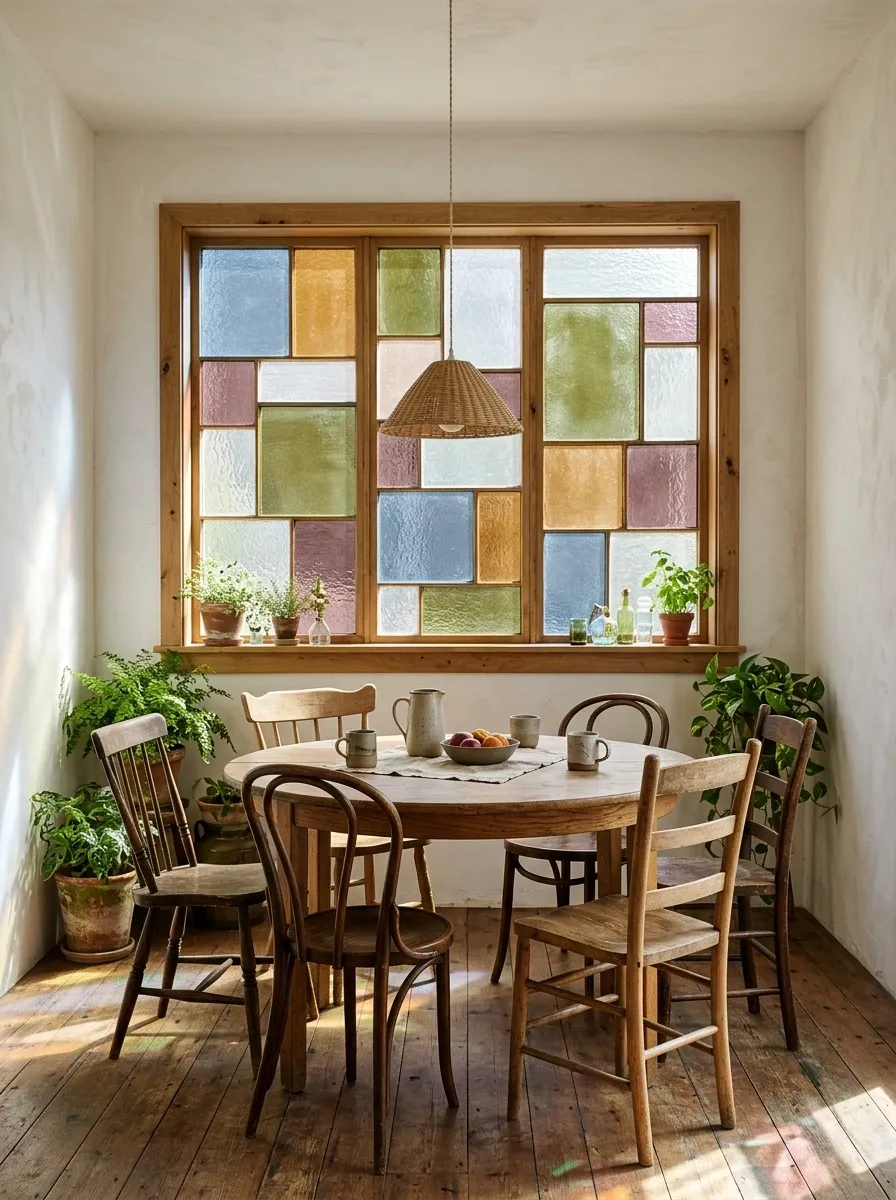 Eclectic Breakfast Nook With Irregular Patchwork Glass