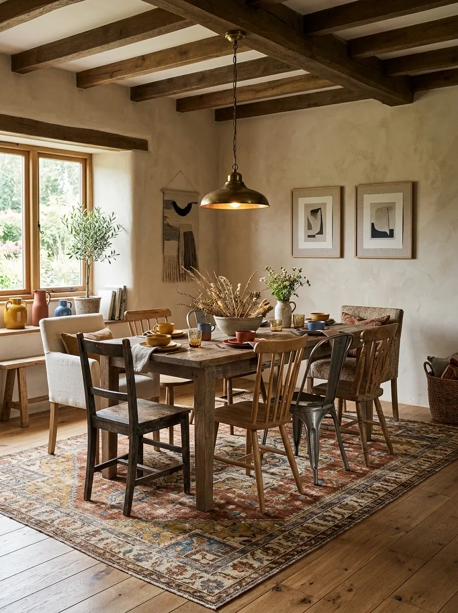 Eclectic Dining Room With a Faded Kilim Rug