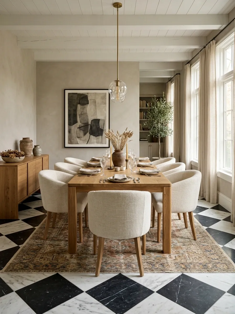 Eclectic Dining Room With Checkerboard Floor and Soft Upholstery