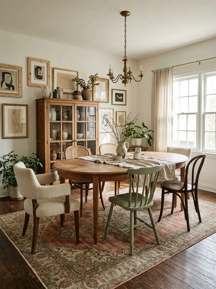 Eclectic Dining Room With Collected Chairs Around One Oval Table