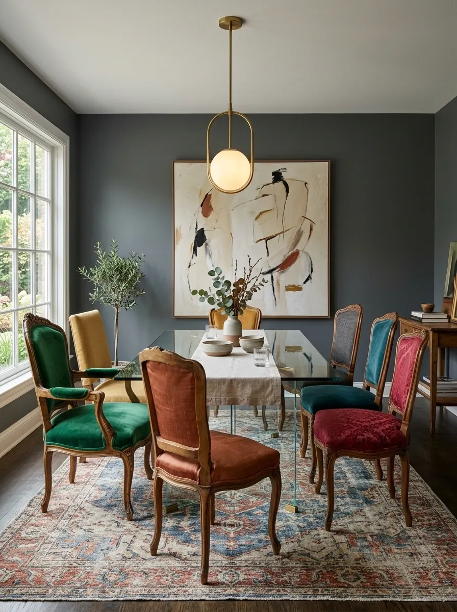 Eclectic Dining Room With Glass Table and Vintage Chairs