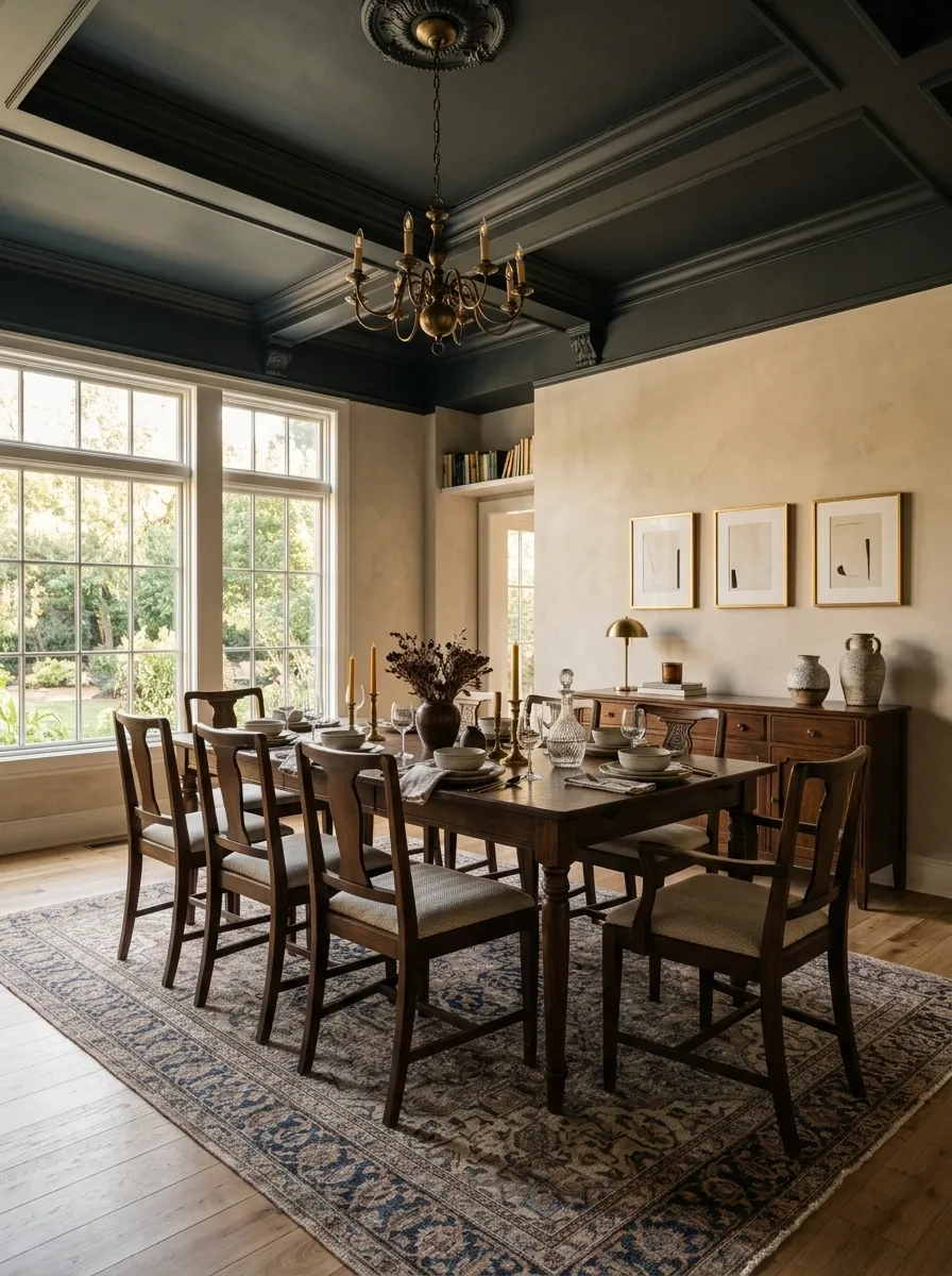 Eclectic Dining Room With Painted Ceiling and Layered Neutrals
