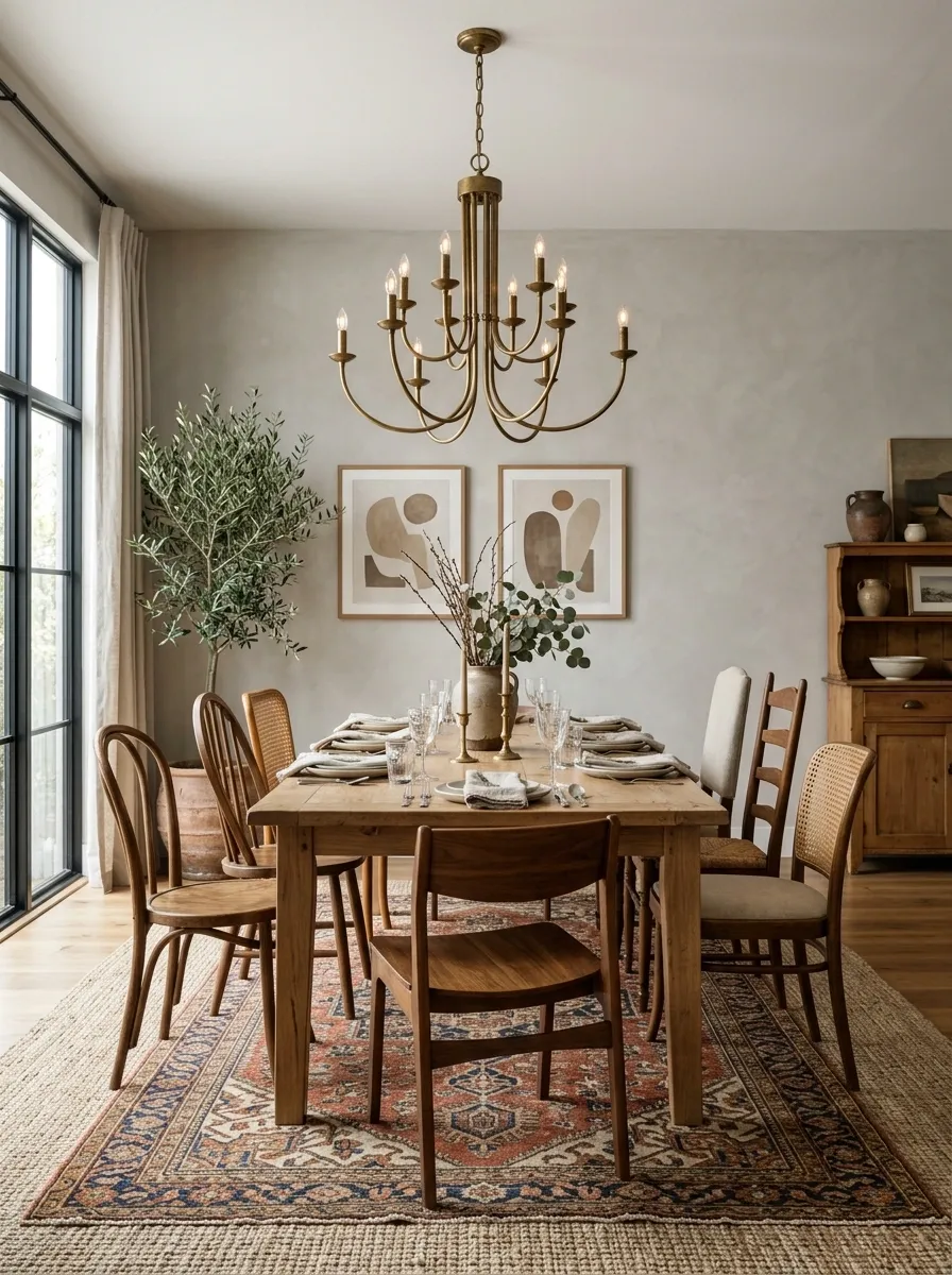 Eclectic Dining Room With Statement Chandelier and Layered Rugs