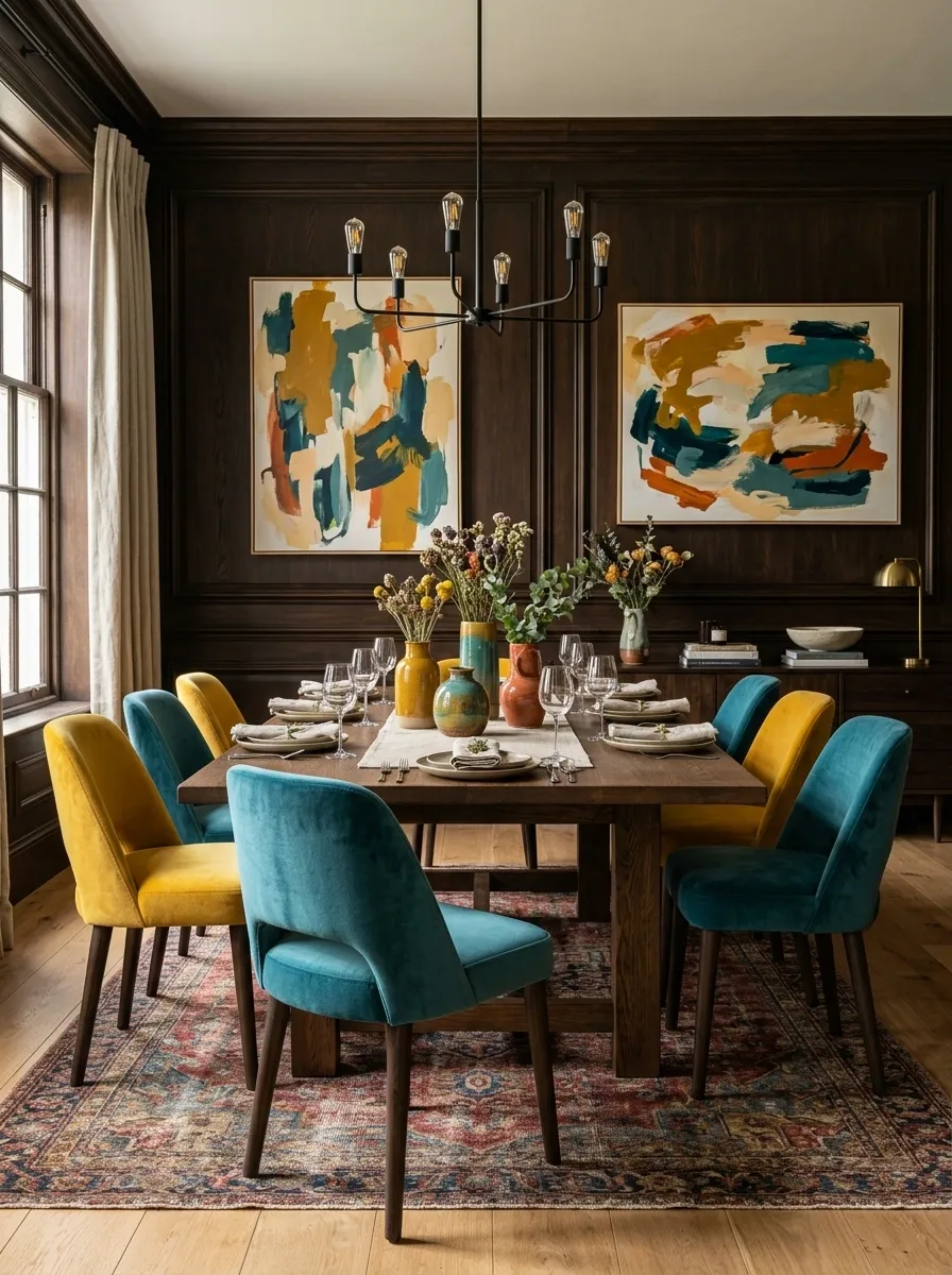 Eclectic Dining Room With Wood Paneling and Bright Upholstery