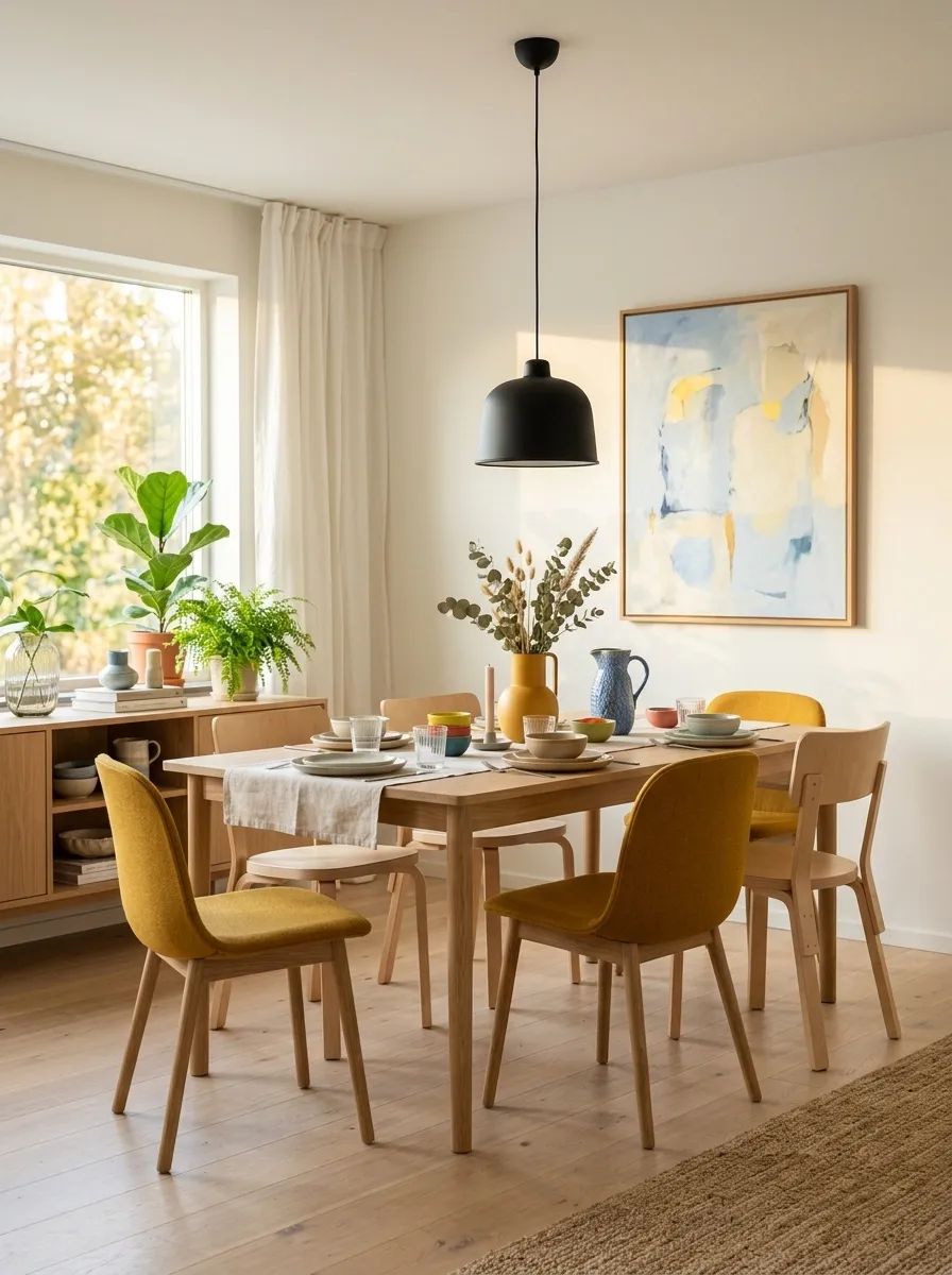 Eclectic Scandinavian Dining Room With Playful Color