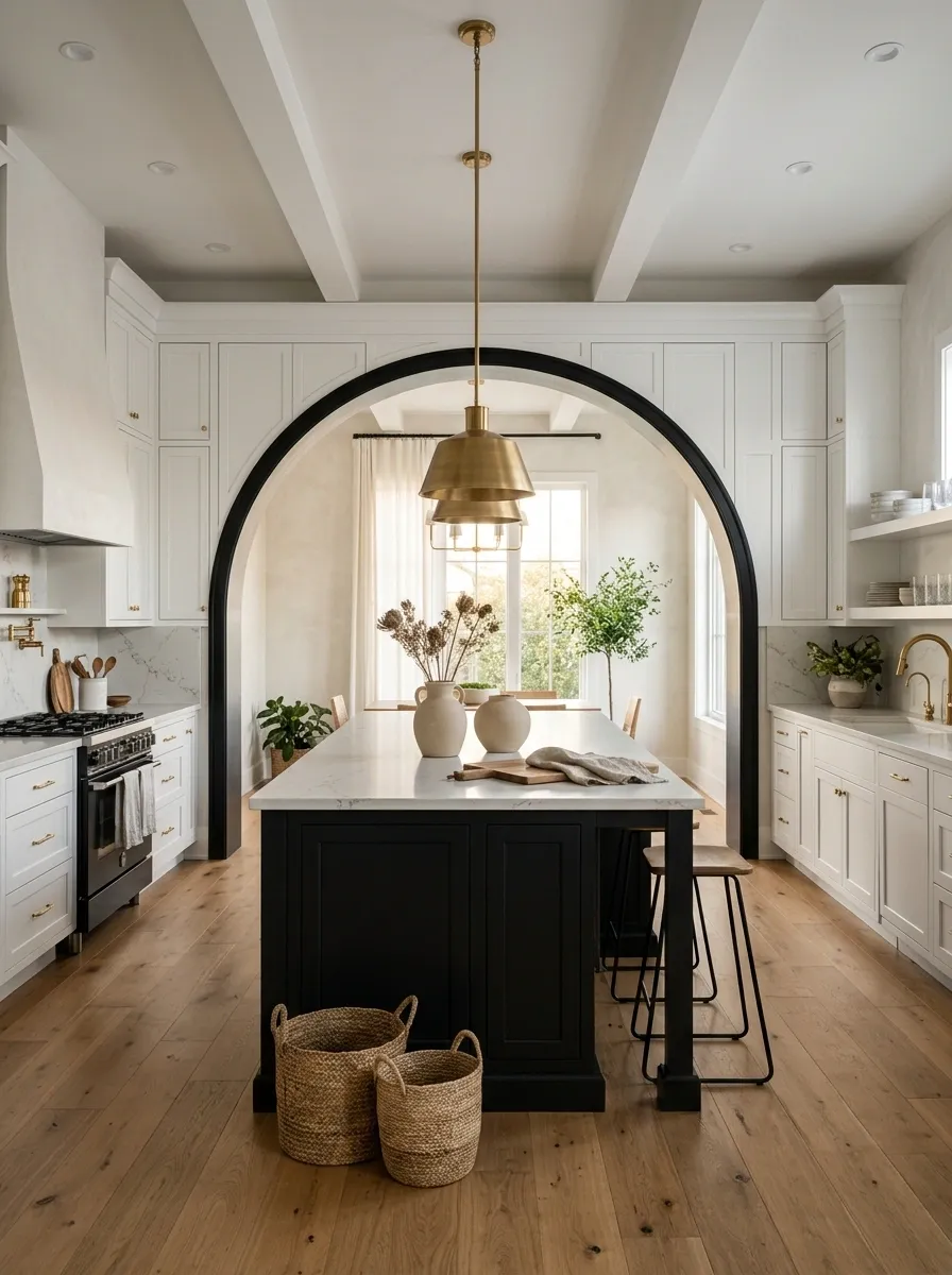 Editorial Black and White Kitchen With Arched Architecture