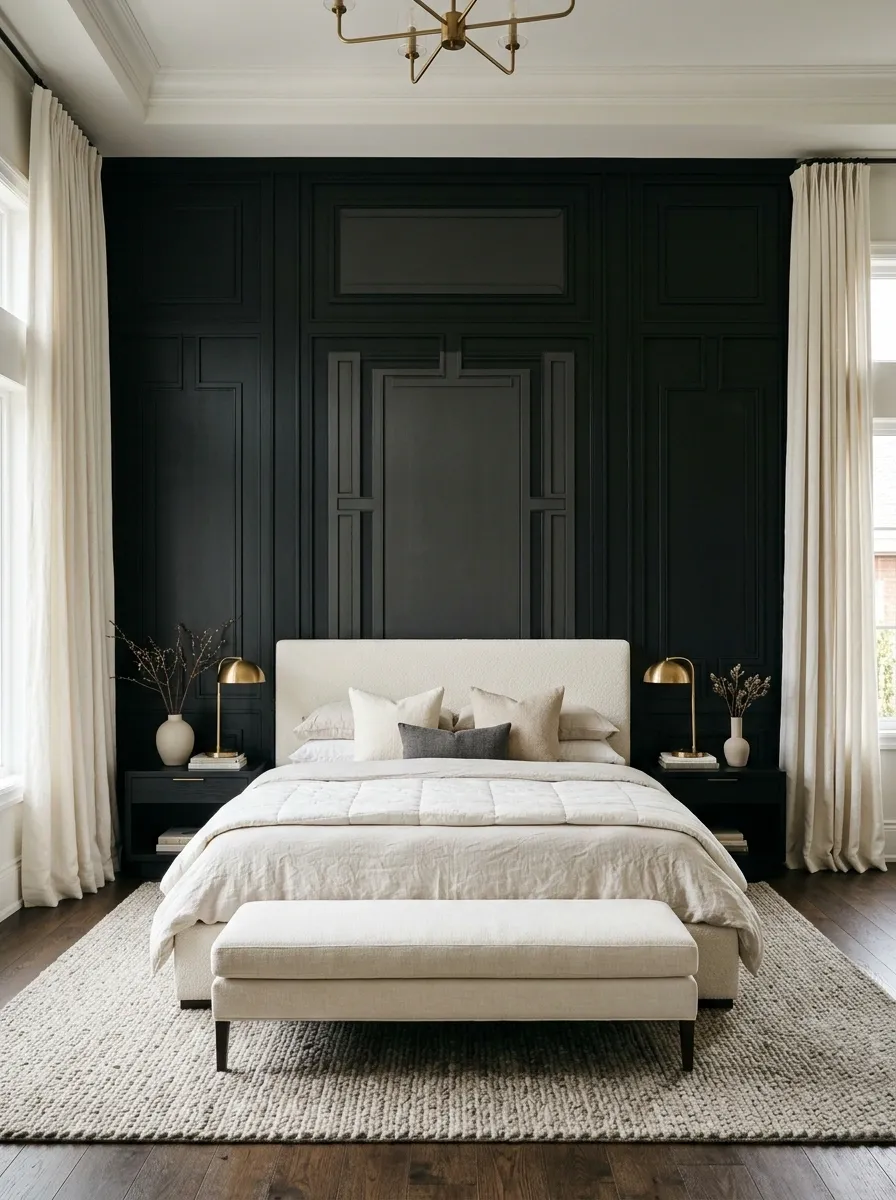 Elegant Bedroom With Black Paneling and Layered Ivory Fabrics
