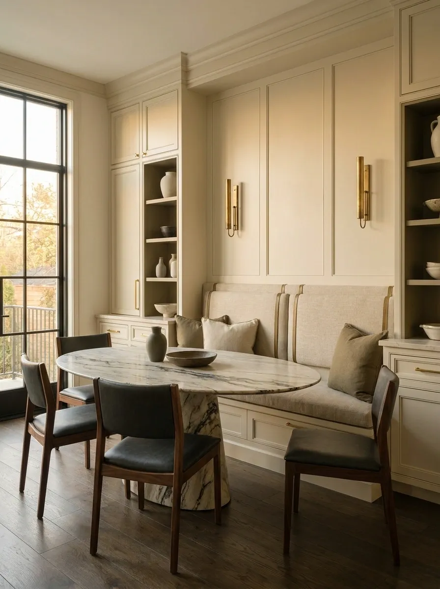 Elegant Bespoke Banquette With Layered Lighting and Millwork