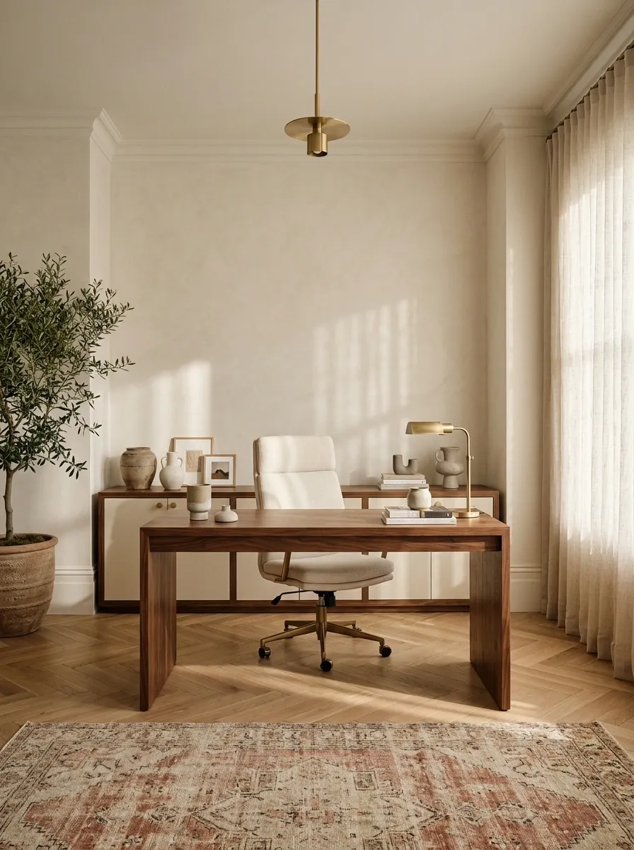 Elegant Boho Office With Brass and Linen