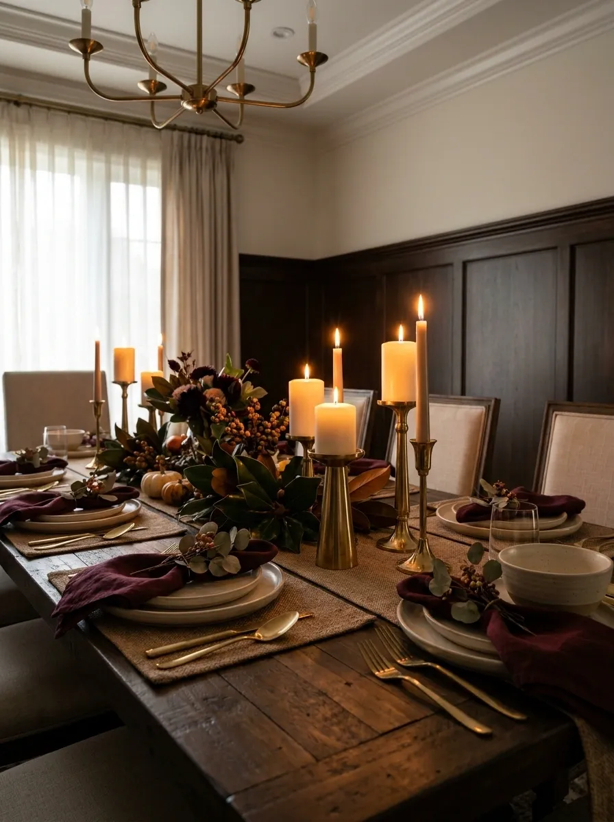 Elegant Burgundy and Brass Thanksgiving Table With Candlelight