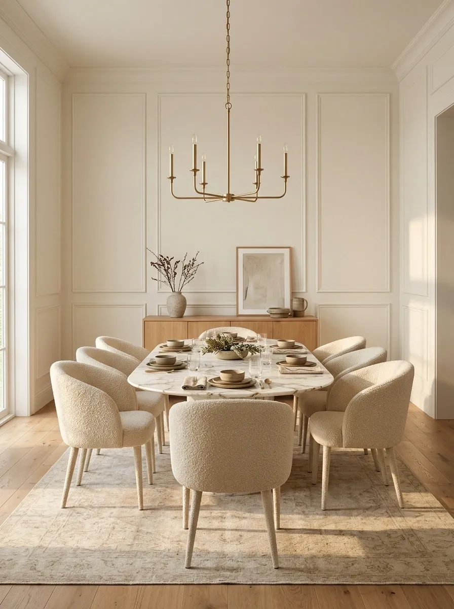 Elegant Dining Room With Marble-Topped Oval Table and Upholstered Chairs