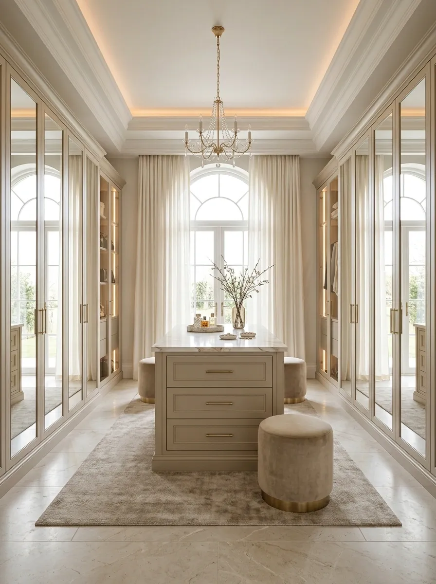 Elegant Dressing Suite With Mirrors and a Central Island